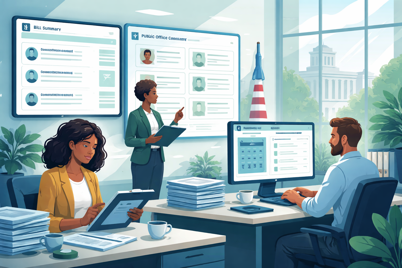 Legislative office staff reviewing bill summaries, constituent casework, and hearing preparation materials.