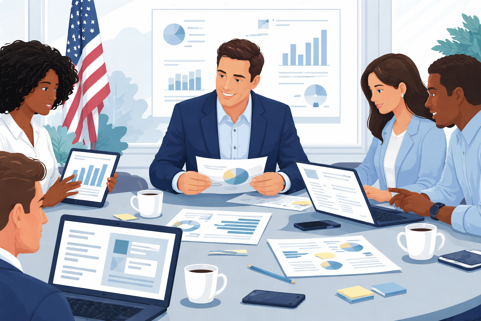 Candidate and staff reviewing urgent campaign briefings, constituent messages, and event prep materials.